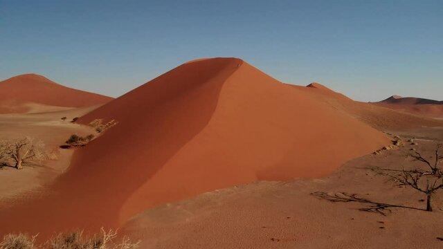 Aerial view of the Dune 45, known as a famous tourist photo spot for sunset, surrounded by giant dunes of sands, near Sesriem sossuvlei national park in Namibia 