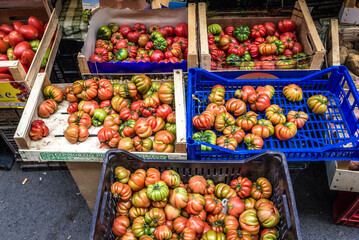 Tomatoes for sale in area of Pescheria fish market in Catania city on east coast of Sicily, Italy