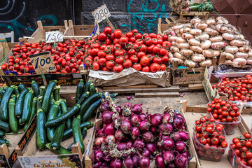 Vegetables for sale in area of Pescheria fish market in Catania city on east coast of Sicily, Italy
