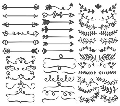 Large collection of black and white ornaments for design elements with curlicues, leaves, arrows and frames, vector illustration