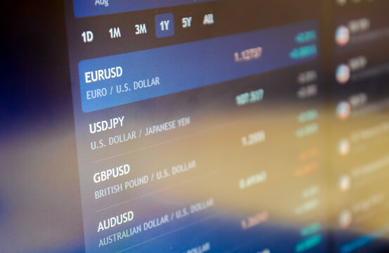 Trading pair euro / dollar on stock market trading platform. Economic trends and stock exchange. 