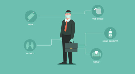 businessman with items such as mask, face shield, tissue, gloves, and hand sanitizer to prevent the spreading COVID-19 or coronavirus, virus transmission, character cartoon vector flat illustration