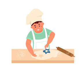 Vector Illustration Of Cute Little Boy In Apron And Chef Hat Making Star Shaped Cookies. Isolated On White.