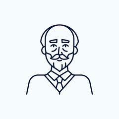 Vector illustration of an intelligent old man. Linear image of an oldster with a beard. Pictogram of a senior citizen or professor.