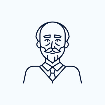 Vector illustration of an intelligent old man. Linear image of an oldster with a beard. Pictogram of a senior citizen or professor.
