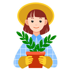 A farmer girl holds a plant. Gardener. Girl in checkered shirt, in big hat and garden gloves with a pot. Colorful flat illustration. Vector isolated on white. Hobby growing plants.