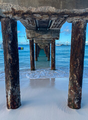 Footbridge at beach, wooden pier, Caribbean sea