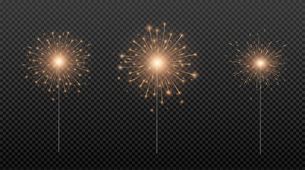 Bengal fire. Sparkler lights isolated on transparent background. Xmas decoration. Vector illustration