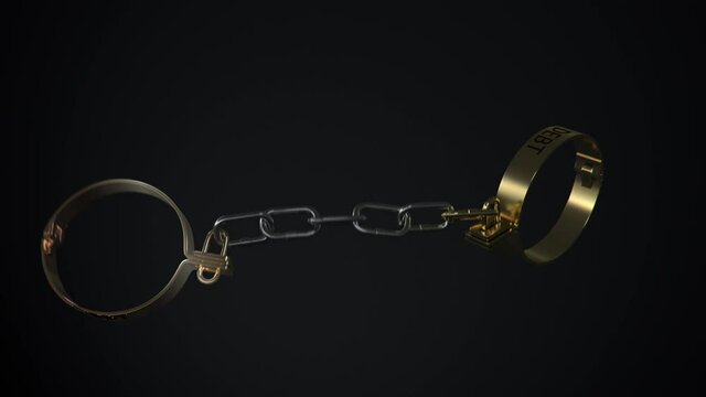 4k concept animation of brass type virtual shackles or handcuffs with debt text struggle and eventually break the chain. Comes with the Alpha Matte.