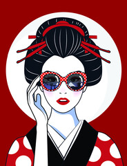 Vector comic style of portrait beautiful Japanese girl in kimono wear glasses that reflect the Tokyo culture symbols and landmarks. Vintage, illustration.