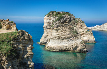 Naklejka premium Famous Raouche Rocks also called Pigeon Rock in Beirut, capital city of Lebanon