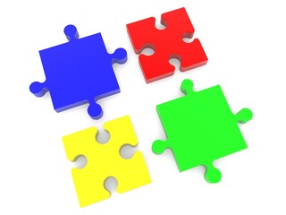 Four different colored puzzle pieces unrelated to each other on white