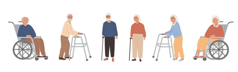Set of elderly disabled people at nursing home. Old grandparents on retirement. Modern male and female pensioners on wheelchair, paddle walker and crane, walking stick. Vector character illustration.