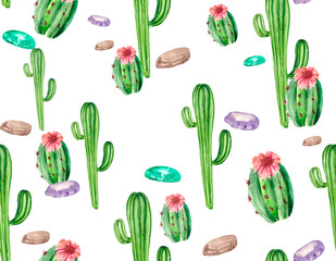 Seamless holiday pattern with green cacti, multicolored stones and pink flowers. Delicious watercolor background for textiles, original Wallpaper and packaging on the theme of the desert.