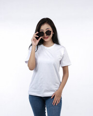 Naklejka premium Front view white t-shirt Closeup on female body, woman girl in empty white t-shirt isolated on white background. Design woman t-shirt template and mockup for print.