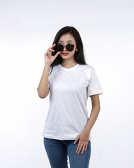 Front view white t-shirt Closeup on female body, woman girl in empty white t-shirt isolated on white background. Design woman t-shirt template and mockup for print.