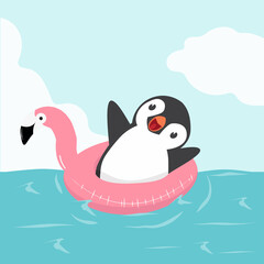 Cute Penguin with flamingo float in Sea