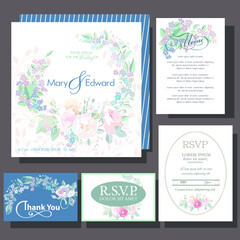 Fototapeta na wymiar Wedding invitations with roses flowers. RSVP card, menu design.