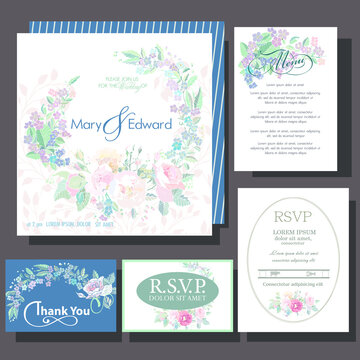 Wedding invitations with roses flowers. RSVP card, menu design.