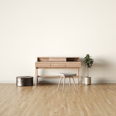 Mid-Century Wooden Work Desk with Empty Walls Mockup