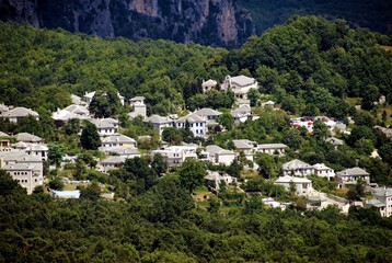 Fototapeta na wymiar Panoramic view of Monodendri village, one of the 45 villages known as Zagoria or Zagorochoria in Epirus region of southwestern Greece.
