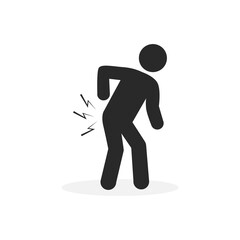 Elderly man with a cane and back injury, pain vector icon isolated on white background.