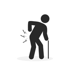 Elderly man with a cane and back injury, pain vector icon isolated on white background.