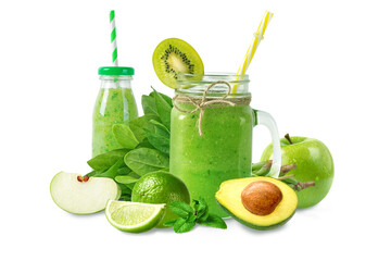 Fototapeta premium Smoothie vitamin drink made with green fruits and vegetables. Isolated on white background.