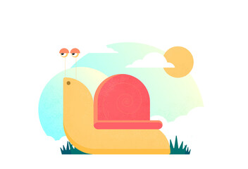 Flat vector cartoon snail with tree and sky