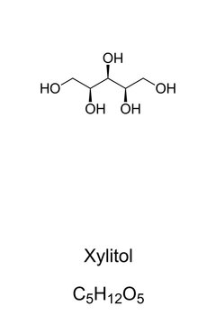 Xylitol, also Xylite, chemical structure and formula. Polyalcohol and sugar alcohol, used as food additive and sugar substitute,  but it is not a common household sweetener. E967. Illustration. Vector