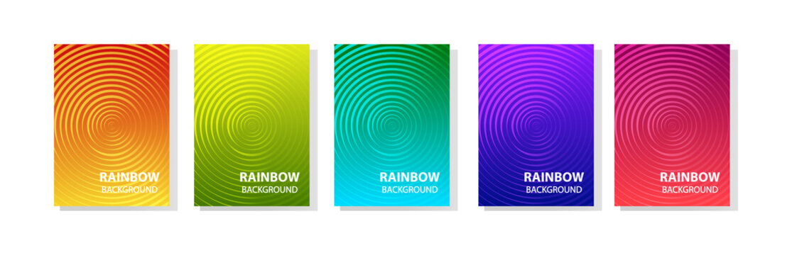 Rainbow set of abstract dynamic modern bright banners with different texture, template cover design. Space for your text with geometric circle patterns. Colored halftone gradient. Vector illustration