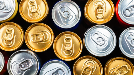 Group of aluminium cans, cold drink. Top view.