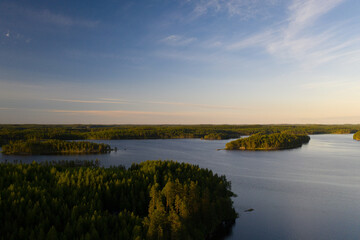 Fototapeta na wymiar Drone capture of Finnish archipelago during an evening sunset