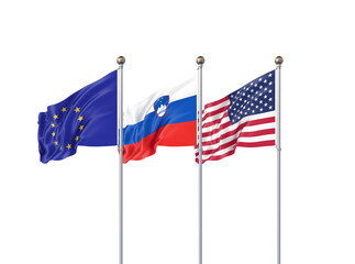 Isolated on white. Three realistic flags of European Union, USA (United States of America) and Slovenia. 3d illustration.