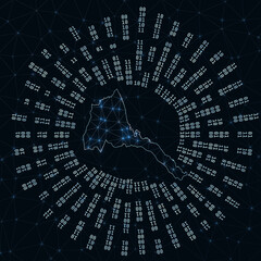 Eritrea digital map. Binary rays radiating around glowing country. Internet connections and data exchange design. Vector illustration.