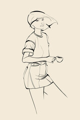 Sketch coffee girl. Cute girl with coffee cup