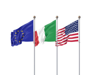 Isolated on white. Three realistic flags of European Union, USA (United States of America) and Italy. 3d illustration.