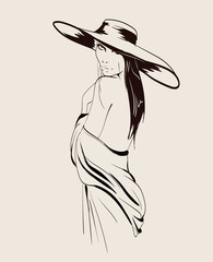 Girl with dark hair in big hat - vector. Women with hat