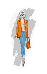 Beautiful young woman in modern style. Hand drawn stylish woman portrait. Fashion lady. Festive outfit. Sketch. Fashion model posing in dress. Hand drawn fashion woman.