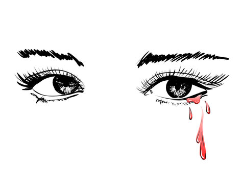 Vector beautiful illustration with crying eyes. Women's watery eyes. Eyes with flowing blood on isolated background. Illustrated Eyes With A bloody Tears