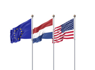 Isolated on white. Three realistic flags of European Union, USA (United States of America) and Netherlands. 3d illustration.
