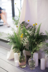 Wedding decor for banquet decoration. Fresh flowers and herbs for decoration. Eucalyptus.