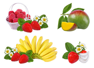 strawberry ,raspberry.,apples, mango, banana isolated on white background