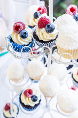 close up of chocolate and coconut cupcakes on a cupcake stand wedding favors party food