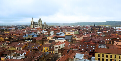 Naklejka premium Panorama view of the city of Leon Spain highlighting the Cathedral above the rooftops
