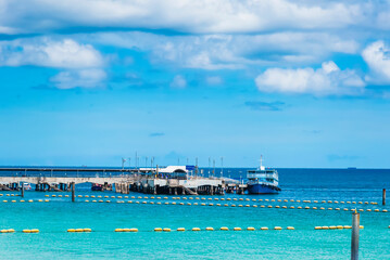 Chon Buri, Thailand - June, 27, 2020 : Tawaen Beach Pier for passenger boats to Koh Lan island after the outbreak of the Covid 19 virus.