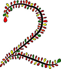 Vector image. Hand-drawn number 2. Arabic numeral. A black tree branch and bright multicolored autumn foliage. Leaves of a Bush. Autumn mood. Calligraphy and inscriptions. Eco, nature theme