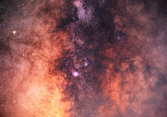 Beautiful starry sky with bright close-up milky way galaxy. Night landscape. Astronomical background.  Night photography.