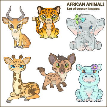 cute cartoon african animals, set of funny images