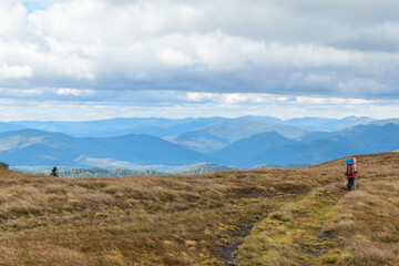 Fototapeta premium Single hike in the mountains. View of the highlands with a walking man.